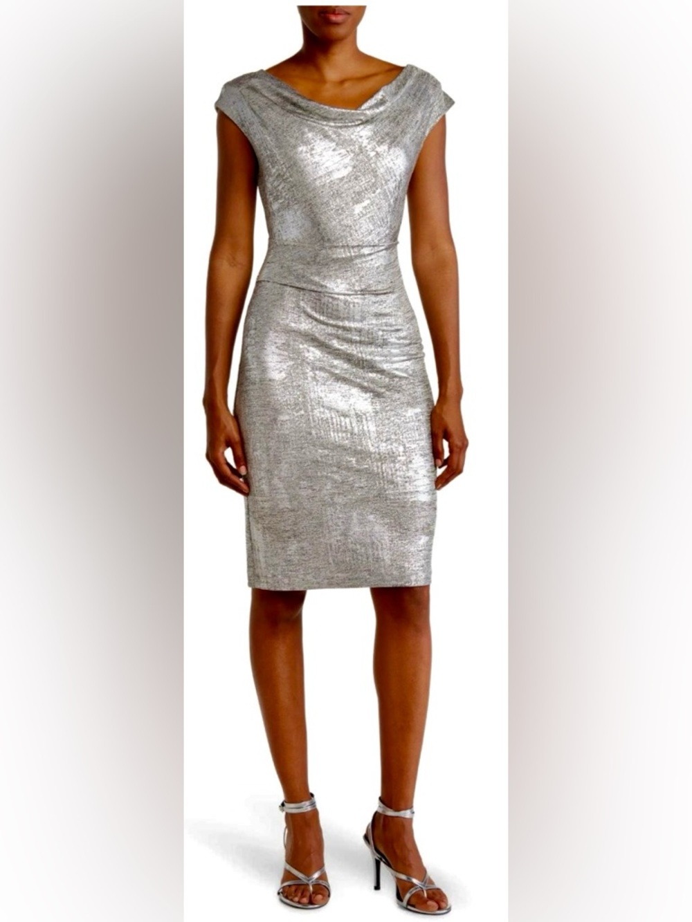 Vince Camuto Silver Foil Knit Cowl Neck Midi Sheath Dress ZB14